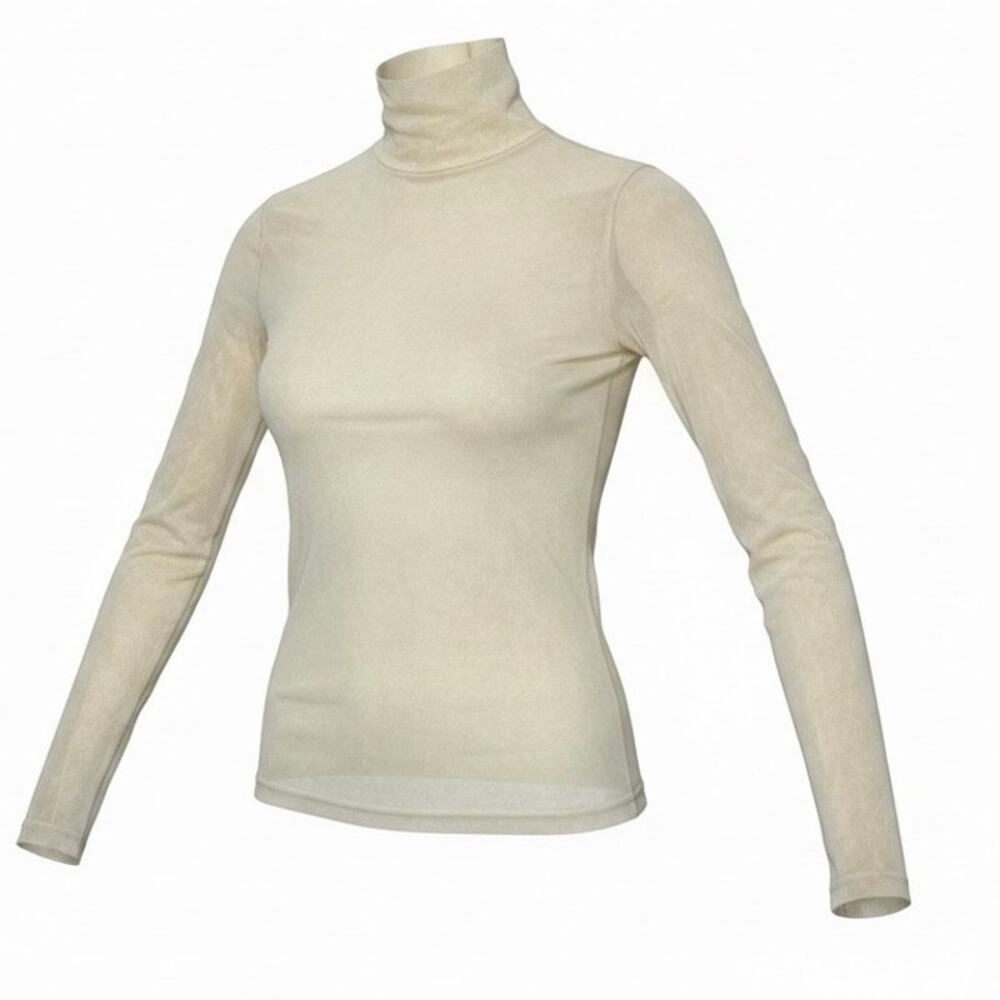 Free People Cream Sheer Turtleneck Top Medium Raw Hem Long Sleeve Layering